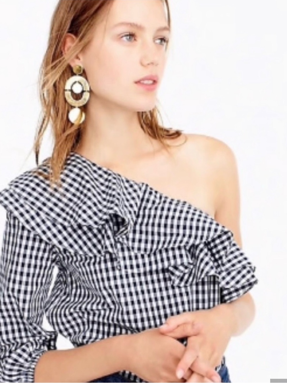 J.Crew gingham ruffle one shoulder top